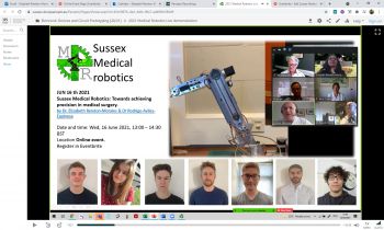 Sussex Medical Robotics online event via Zoom with staff opening the session (from top to bottomt) Prof. Ian Wakeman, Dr Rodrigo Aviles, Dr. Romeo Glovnea, Dr. Elizabeth Rendon, Prof. Kelly Coate and Dr. Rupert Young.