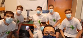 The 2021 Sussex Medical Robotics team during the live session (from left to right) Antonio Penacchia, Max Richmond, Chester De Mester, Gavin Philips, Harry Griffin, Edward Cook, Emma Faulhaber (via remote call) and project supervisior Dr. Rodrigo Aviles