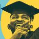 A black male student wearing a graduation gown is smiling and pointing to the right, outside the image, to its left a message reads: career lab, design your future