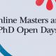 Text reads online Masters and PhD Open Days