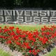 Heart-shaped bed of red flowers planted in front of the Sussex sign at the entrance to campus