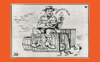 Newspaper cartoon of a man wearing a hat, a short sleeves shirt with the text 