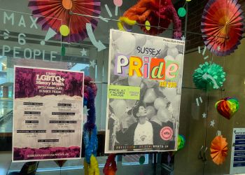 Pride posters on the window at University of Sussex Students' Union