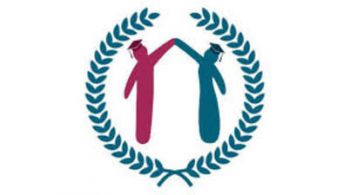 University of Sanctuary logo featuring a graphic of a blue person and a pink person wearing graduation caps high fiving within a blue laurel wreath