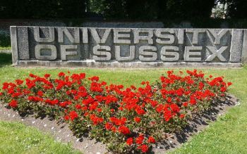 Heart-shaped bed of red flowers planted in front of the Sussex sign at the entrance to campus