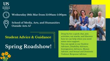 A flyer of the Student Advice and Guidance Roadshow information with a picture of four advisors from the team
