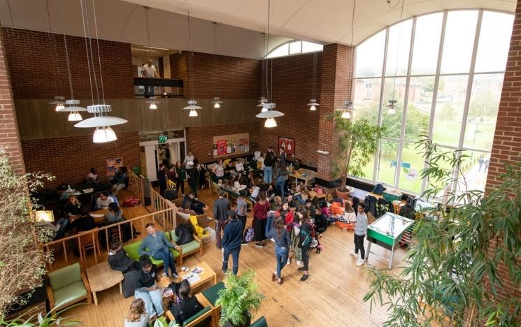 students in Falmer House hall seen from above
