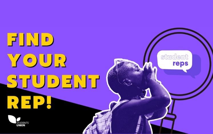 student shouting "find your student rep" on a black and purple background