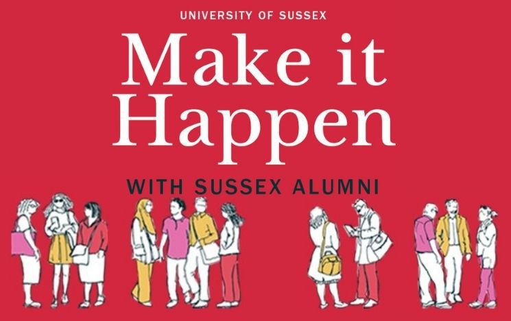 Message "make it happen with Sussex alumni" on a red background and drawings of small groups of people talking to each other