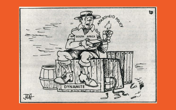 Newspaper cartoon of a man wearing a hat, a short sleeves shirt with the text "South Africa", shorts, long socks and boots is lighting a match while sitting on wooden box full of dynamite