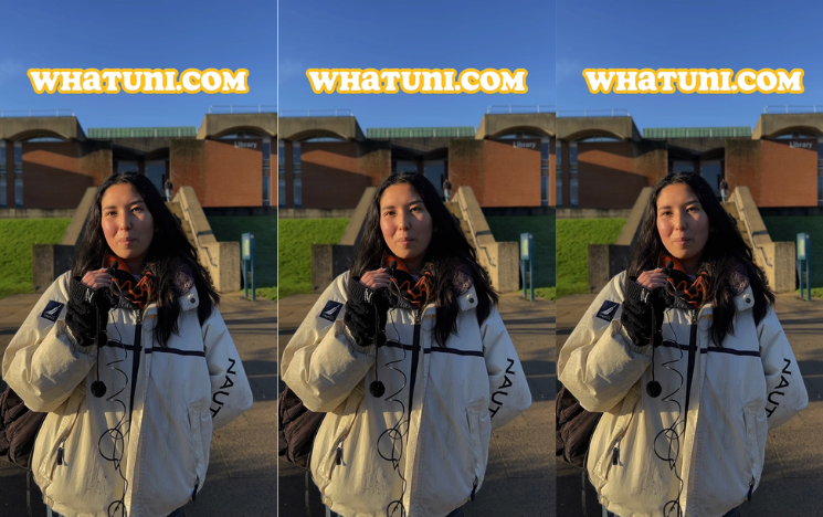 Three identical images of DMC Hannah speaking to camera with the words whatuni.com at the top