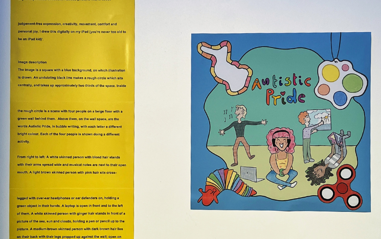 A photograph of an "Autistic Pride" artwork alongside a yellow sign with its exhibition description