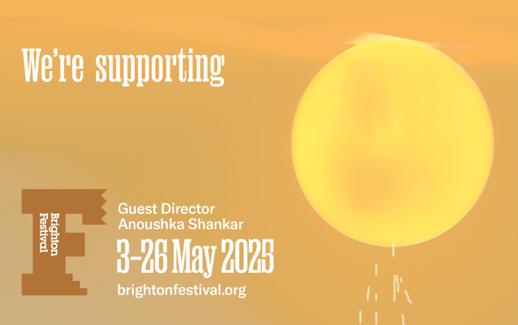 A graphic featuring a yellow sign on a yellow background promoting the University of Sussex's involvement with Brighton Festival