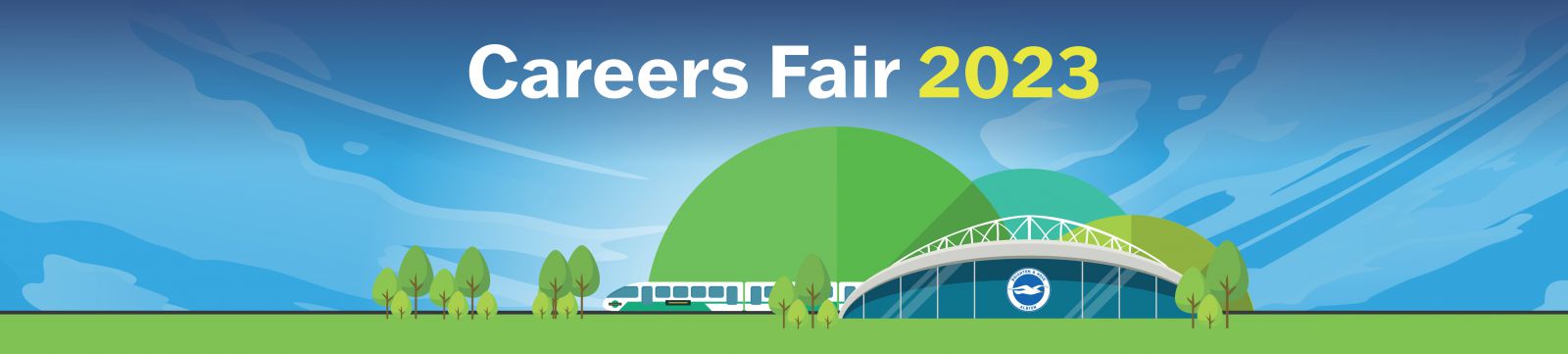 Logo for Careers Fair 2023. It is an illustration featuring grass, trees and sky, the American Express Stadium and a train.