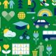 Drawings of different sustainable topics such as electric cars, bees, plants, littering or travel on a green background