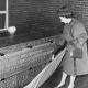 Elizabeth II removing the curtain that covered a plaque. The plaque reads this Library was opened by her Majesty Queen Elizabeth the Second on Friday 13th November 1964