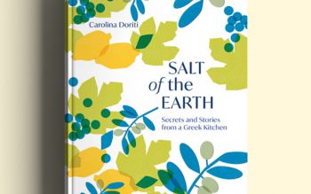 Salt of the Earth cookbook cover - a white background with green and blue graphic shapes of leaves, lemons and berries