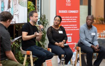 Omid speaking at a London entrepreneurship event for alumni presented by Sussex Connect