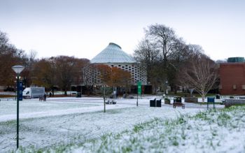 Meeting House and campus with a dusting of snow