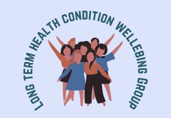 Graphic with a group of people in the centre and the words Long-term health conditions group placed in a circular format around the graphic.
